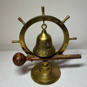 Vintage Etched Brass Ship Wheel Bell with Wooden Mallet. Nautical